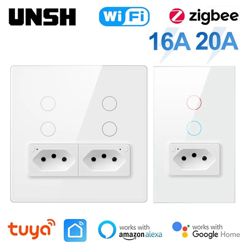 

Tuya Smart Brazil WiFi ZigBee Switch 16A 20A Smart Socket Glass Panel 1 2 gang Smart Light Switch Work With Alexa Google home