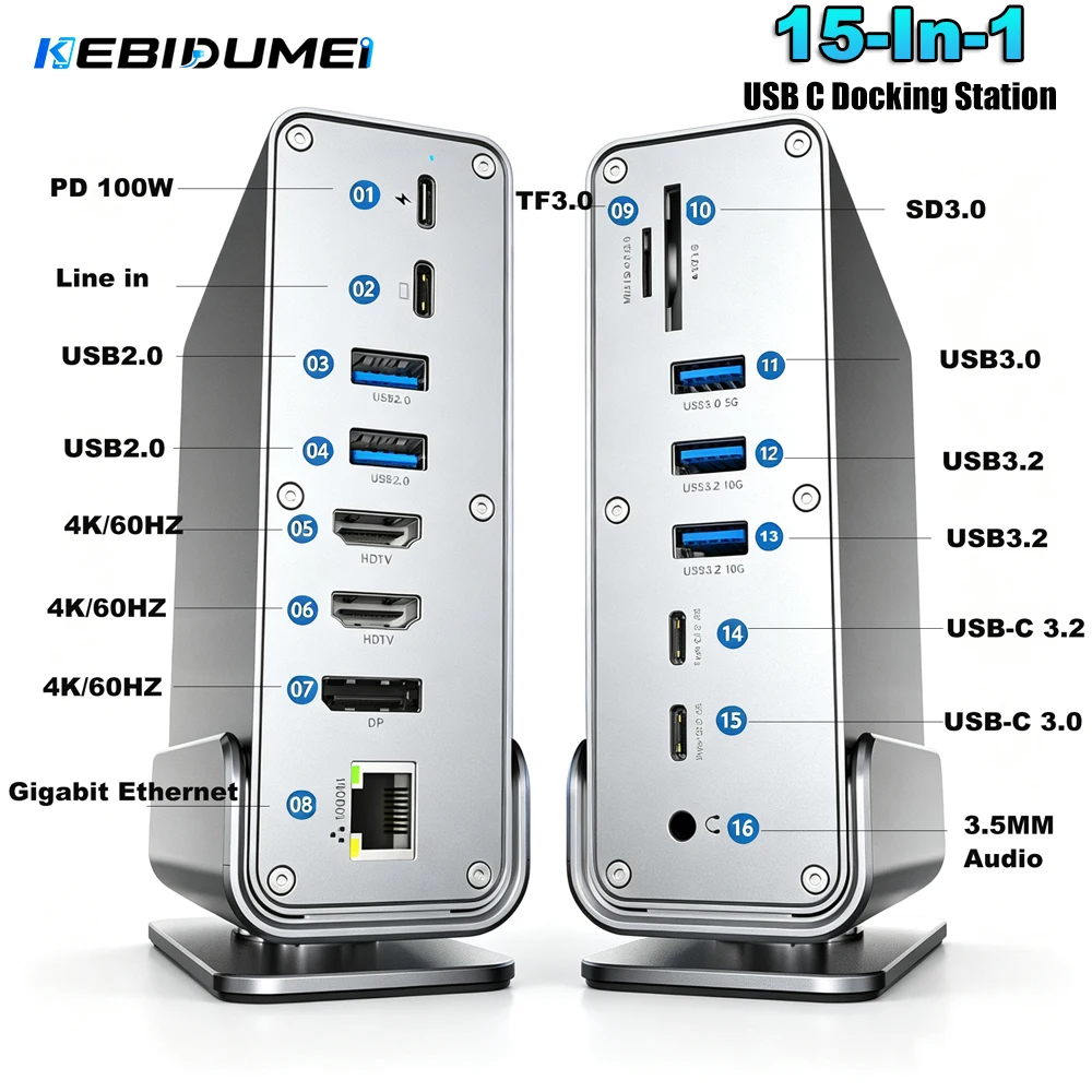 KEBIDUMEI 15 In 1 USB-C Docking Station Type-C 4K60Hz HUB With HDTV USB 3.0 PD 100W SD/TF RJ45 1000M 3.5 mm Audio For Laptop