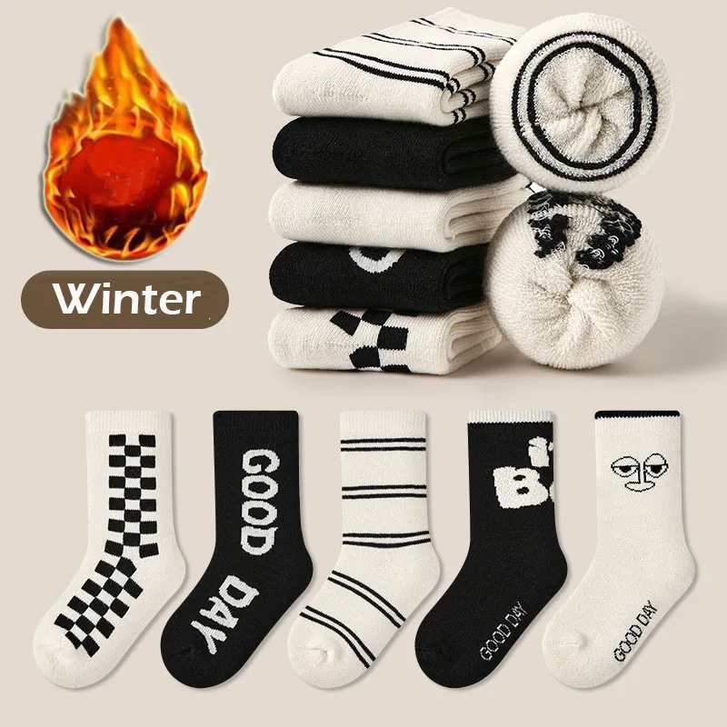 Calcetines térmicos de algodón grueso para niños y niñas, medias cálidas con patrón de letras, 5 pares, Invierno