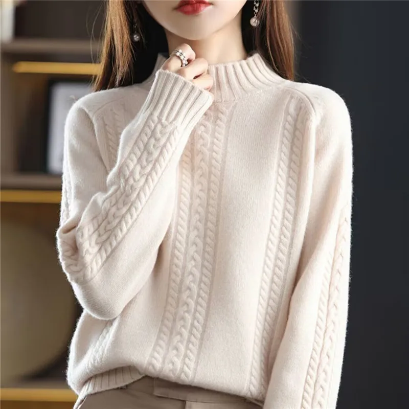 

Autumn Winter Knitted Sweater Women Half High Collar Long Sleeve Vintage Pullover Female Jumper Casual Commute Knitwear Twisted