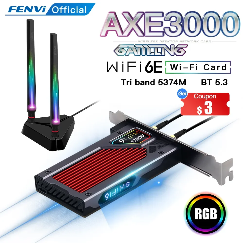 Fenvi FV-AXE3000 Wi-Fi 6E AX210 Bluetooth 5.3 Wireless 5374Mbps 2.4G/5GHz/6G WiFi 802.11AX/AC PCIExpress Network Card Adapter PC