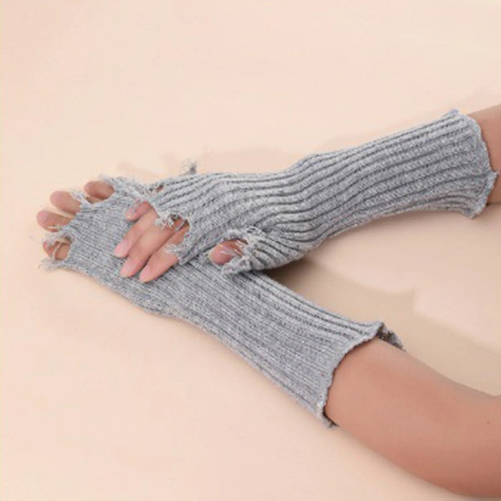 Nieuw Meisje Handschoenen Effen Kleur Beige Gescheurde Punk Unisex Vingerloze Manchet Gebreide Handschoen Vrouwen Mannen Elleboog Wanten Gebroken Arm Warm