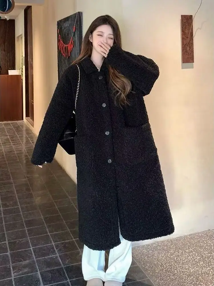 

Ladies Thickened Lamb Fur Jacket Fake Fur Collar Mid-Length Winter Outerwear Korean Style Loose Fit High Waist Cardigan