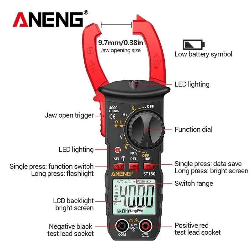 ANENG-ST180 Digital Clamp Meter, Multímetro, Voltímetro, Amperímetro, AC, Tensão DC, Medidor de Corrente, NCV Tester, 4000 Contagens