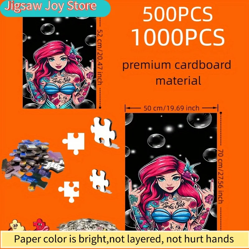 Puzzle Disney 500 pezzi, Puzzle fai da te in carta, Serie Dark Tattoo Sirena, Materiale in cartoncino bianco rinforzato, Adatto per puzzle, per coppie