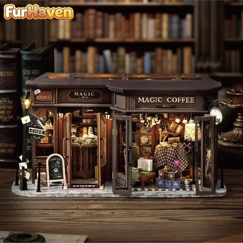 FurHaven Retro DIY Wooden Coffee Shop Dollhouse Kit with LED Lights Miniature Building Set for Adults Handmade Home Decor Gift