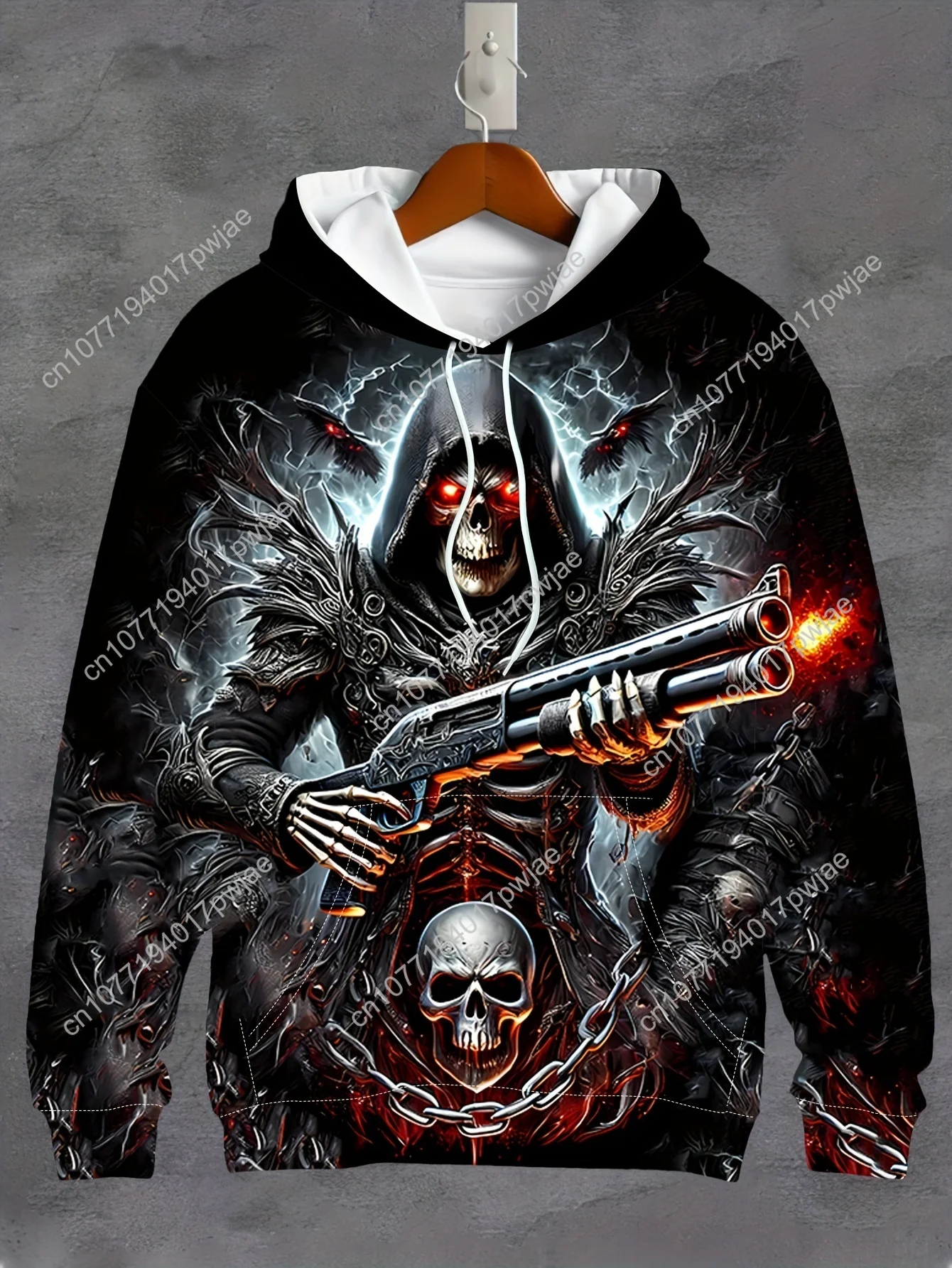 Moletom masculino com capuz gráfico de caveira escura 3D – Design de soldado de esqueleto negrito, moletom casual de manga comprida com cordão e bolsos, poli