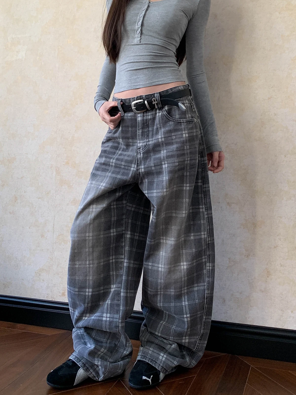 

Aket American Retro Lazy Sle Waed Plaid Wide Leg Jeans Women's Baggy Knife Pants High Waist Denim Cotton Casual Trousers