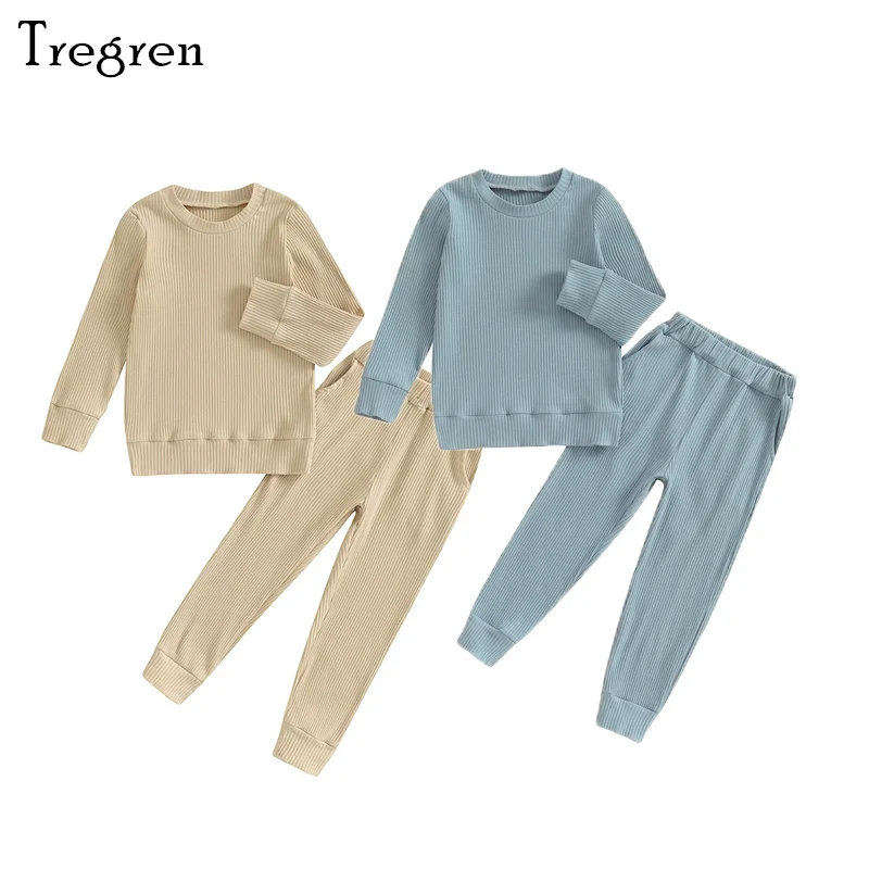 

Tregren 3-7Y Toddler Boy Girl Clothes Solid Color Ribbed Long Sleeve Sweatshirt Tops Pants 2pcs Set Autumn Winter Casual Outfits