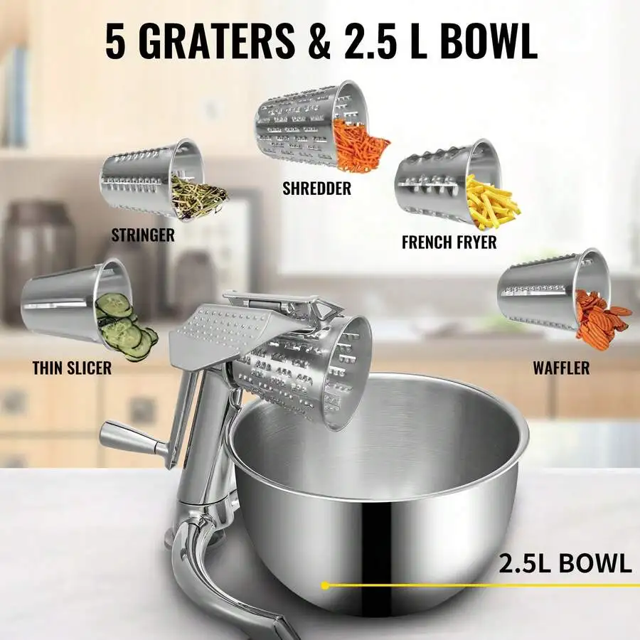 Rotary Cheese Grater, Zinc Alloy Rotary Vegetable Mandoline, Manual Cheese Mandoline With 5 Stainless Steel Cutting Cones, Manua