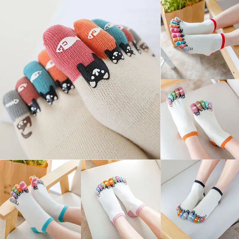 Knöchel Zehensocken Frauen Mädchen Baumwolle Cartoon Niedlicher Bär Fisch Druck Schweißabsorbierende Junge Mode Fünf-Finger-Socken Lässige Student