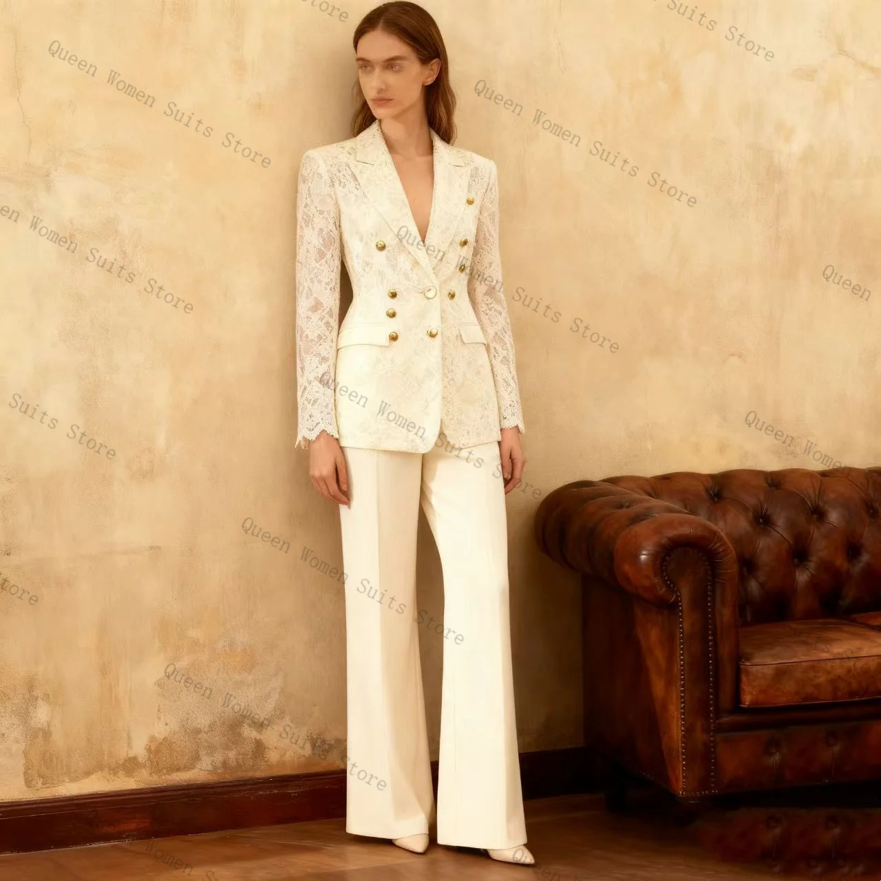 White Lace Women Suit Pants Set 2 Pcs Blazer+Trousers Prom Dress Cotton Formal Office Lady Jacket Wedding Coat Customized