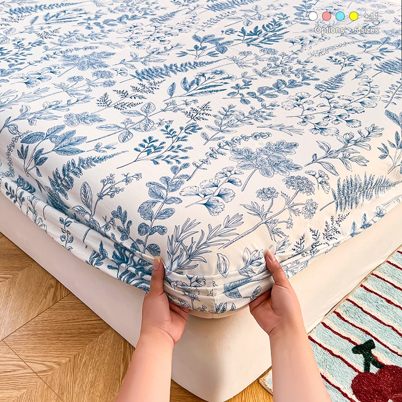 Blue Botanical Leaf Print Fitted Sheet, Deep Pocket Mattress Cover, Soft Breathable Anti-Slip Dustproof Bed Mattress Protector