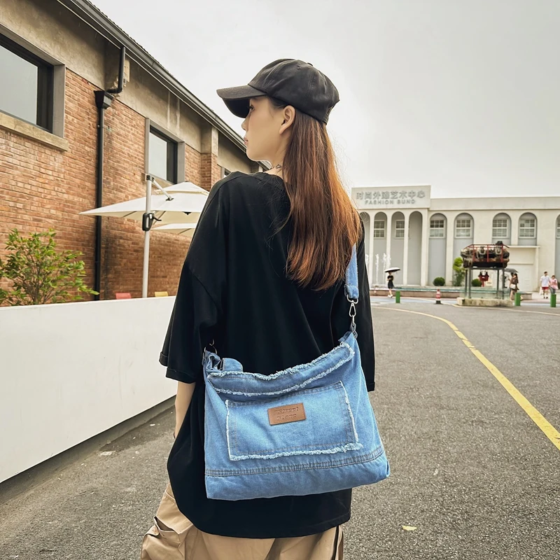 Y2K Denim Women's Bag New Jeans Messenger Bag Big Canvas Shoulder Bag Detachable Strap Eco Bag Korean Shopping Travel Handbags