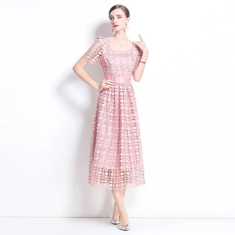 Vestido Midi e de encaje Soluble, diseño Original, falda acampanada adeazante, tejido de poliéster, manga corta