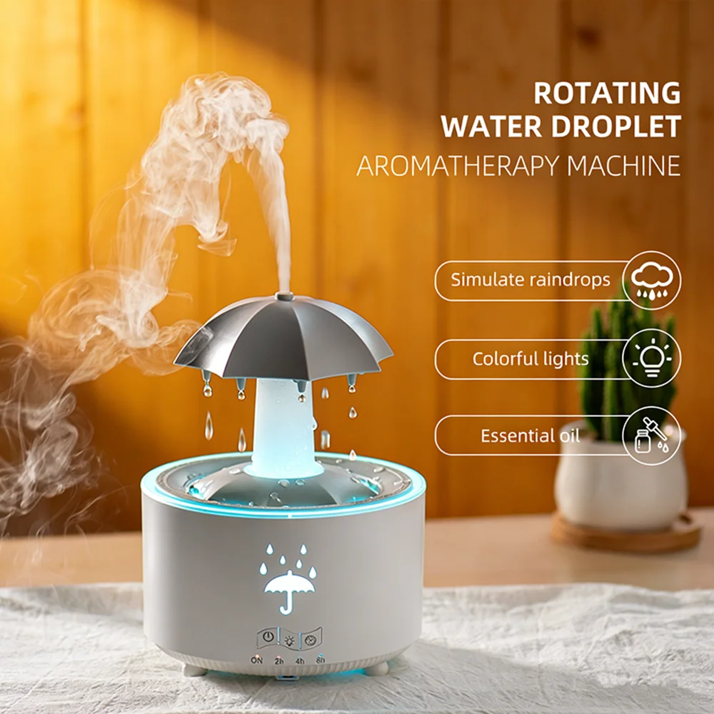 雨滴加湿器、超静音7色ライトアロマディフューザー、寝室デスクトップ睡眠補助具、クリエイティブギフト