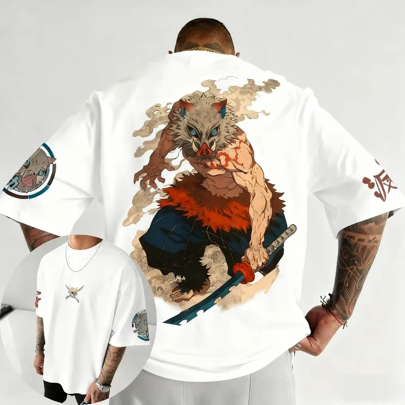 2026 New Demon Slayer Anime Inosuke Printed Short Sleeve T-shirt Men's and Women's T-shirt Men's Top Sports T-shirt Harajuku Tee
