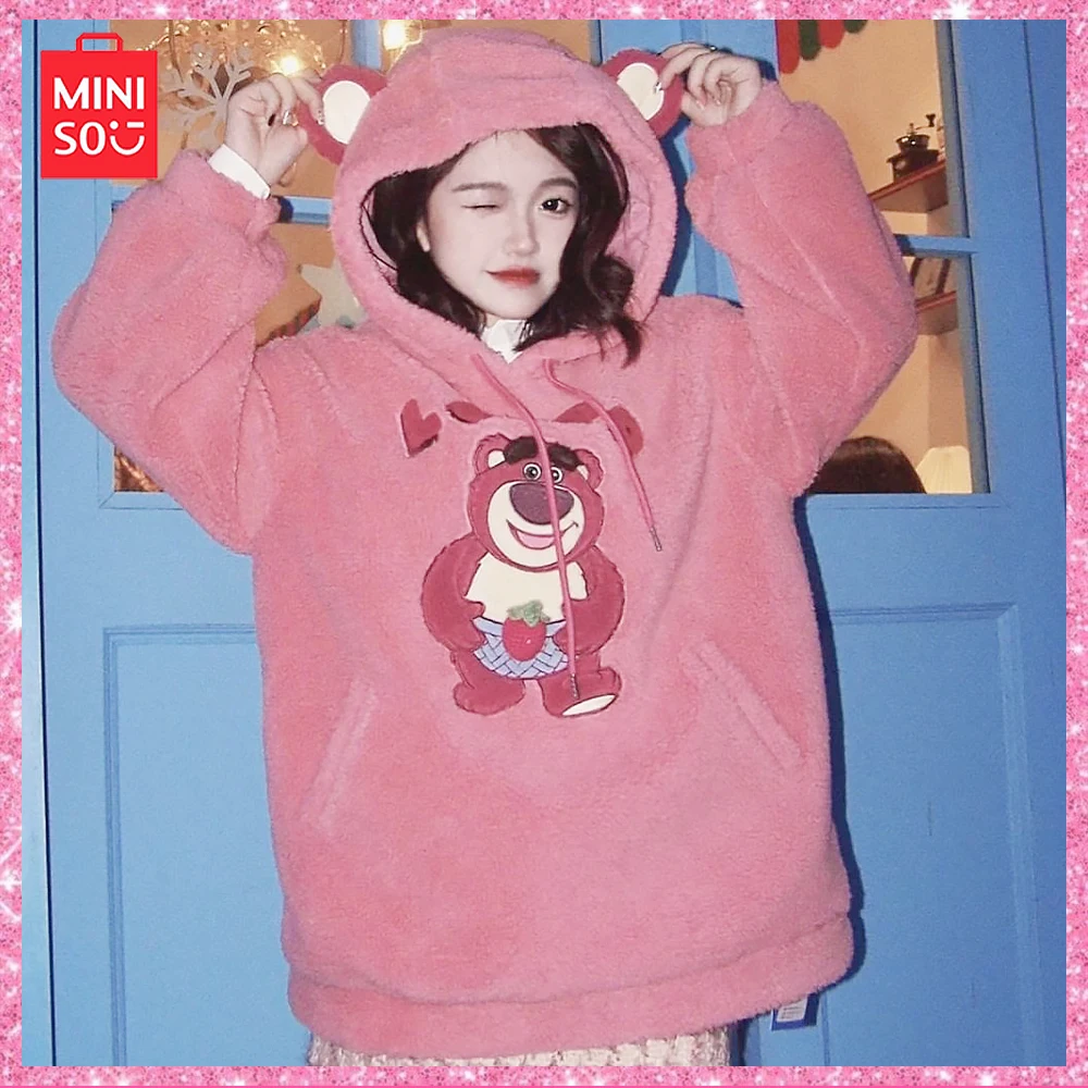 New Miniso Lotso Cartoon Embroidered Fleece Hooded Loose Top Long Sleeve Plus Size Hoodie Coat Girls Birthda Gift