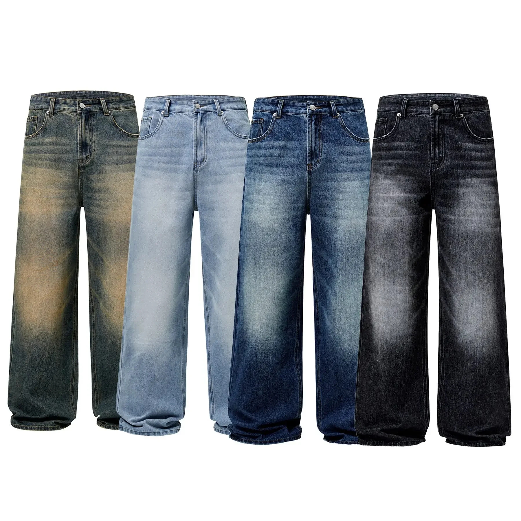 Korean Style Four Seasons New Fashion Men's Straight Wide Leg Casual Trendy Daily Simple Basic Denim Trousers Male Jeans Pants