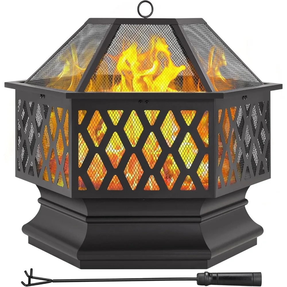 

26in Fire Pits for Outside Hex Shaped Fire Pit Wood Fire Pit Outdoor Fireplace for Bonfire Patio Picnic BBQ, with Spark Cover,