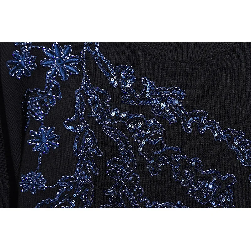 Fashion Black Knitted Tracksuits Set Women Autumn Sequins Embroidery Long Sleeve Sweater Pencil Pants Two Piece Outfits Female
