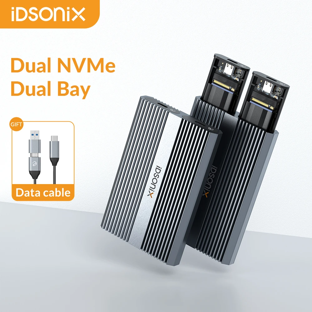 IDsonix 듀얼 베이 NVMe SATA SSD 인클로저, M.2 듀얼 NVMe 하드 드라이브 케이스, 10Gbps USB C 3.2 GEN2 외장 하드 디스크 케이스, 박스 어댑터