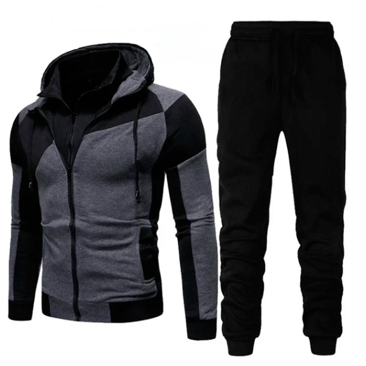 European and American - style men personalized color - blocking double - zipper hooded leisure sweatshirts in the same color set