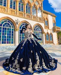 Navy Blue Velvet Princess Quinceanera Dresses with Gloves Butterfly Applique Boning vestidos de 15 quinceañera 2024 Prom Lace Up