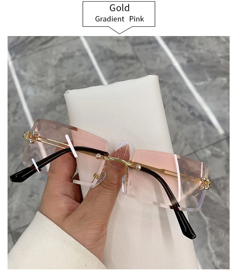 2026 Retro Sonnenbrille für Damen, Markendesigner Randlose Verlaufsgläser, Modische Sonnenbrillen mit Schneidegläsern, Rahmenlose Damenbrillen – Detail 7