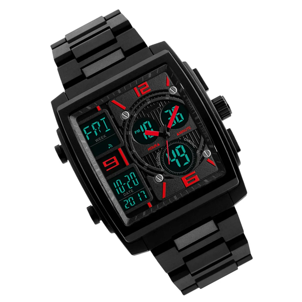 

Waterproof Sports Digital Watch Pc Case PU Band 50M Swim Proof El Light Red Men's Digital Watch Sports Wristwatch