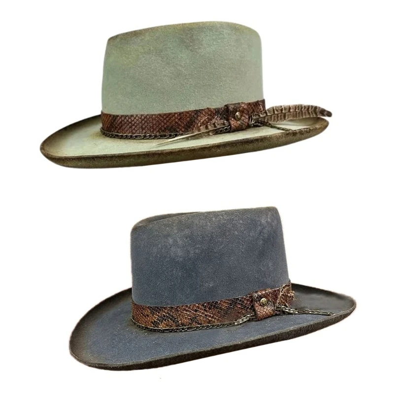 

Wool Classical Distressed Panama Hat Snakeskin Belt Women Men Photo Props