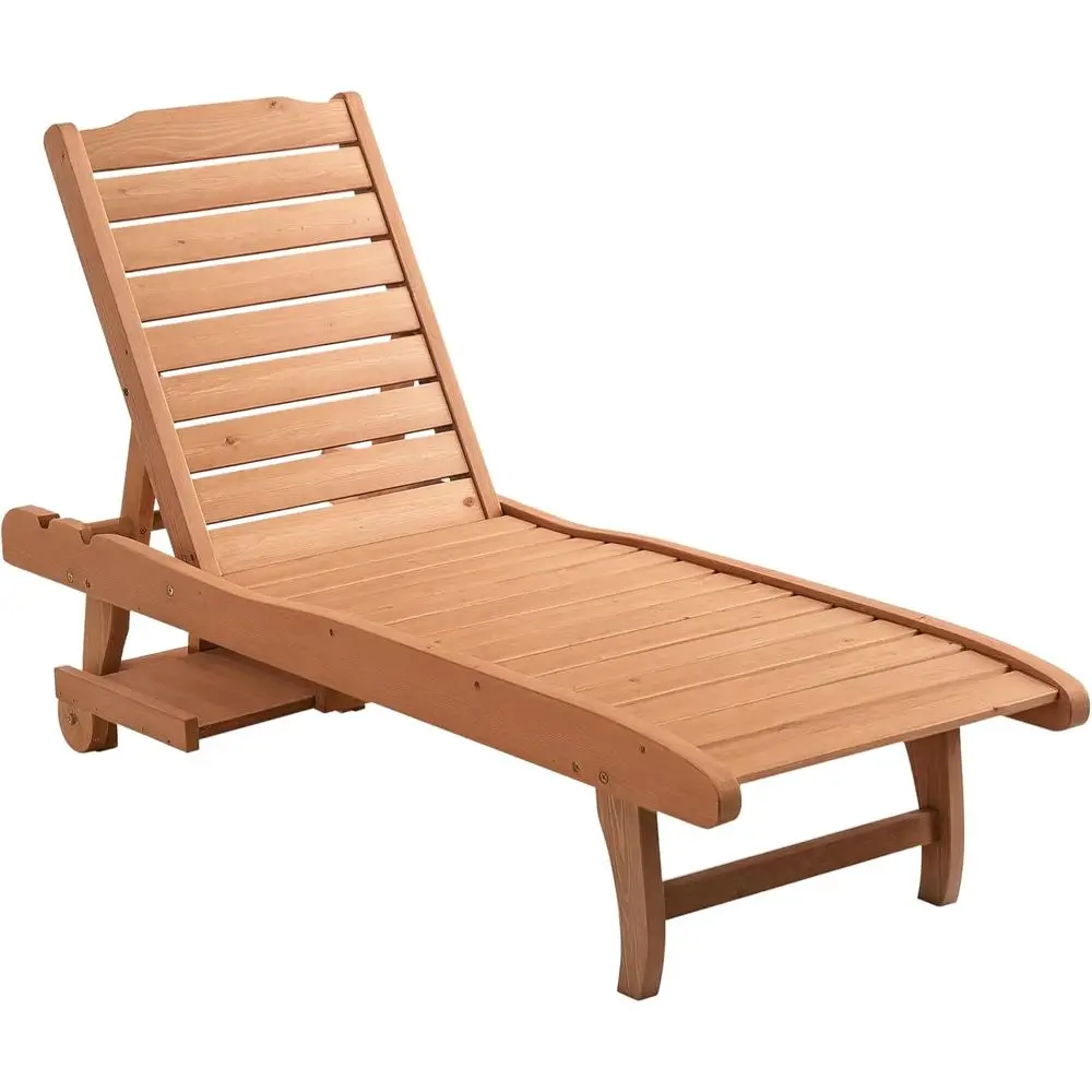 

Adjustable Outdoor Wooden Pool Lounge Chair with Built-in Table, Rolling Wheels, and Sunbathing Features in Brown Red