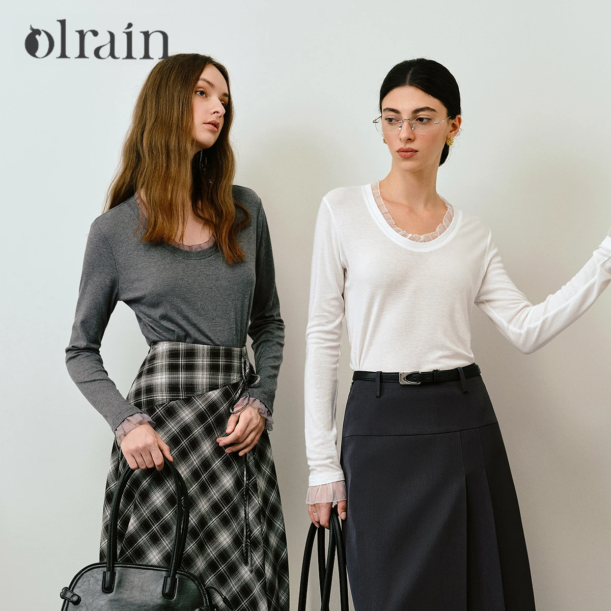 

OLrain French Top Women's 2025 Autumn New French Gentle Ruffle Basic Long-sleeved T-shirt M57QT000023