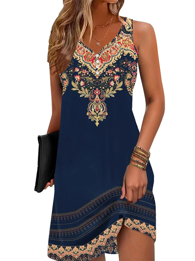 Vestido étnico sin mangas con cuello en V hasta la rodilla, Falda corta con cuello en V de moda urbana informal para exteriores, vestido de fiesta y cena