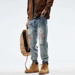 Vintage Men's Jeans Washed High-end personality print loose fashion Y2k casual pants denim straight high street hip hop pants