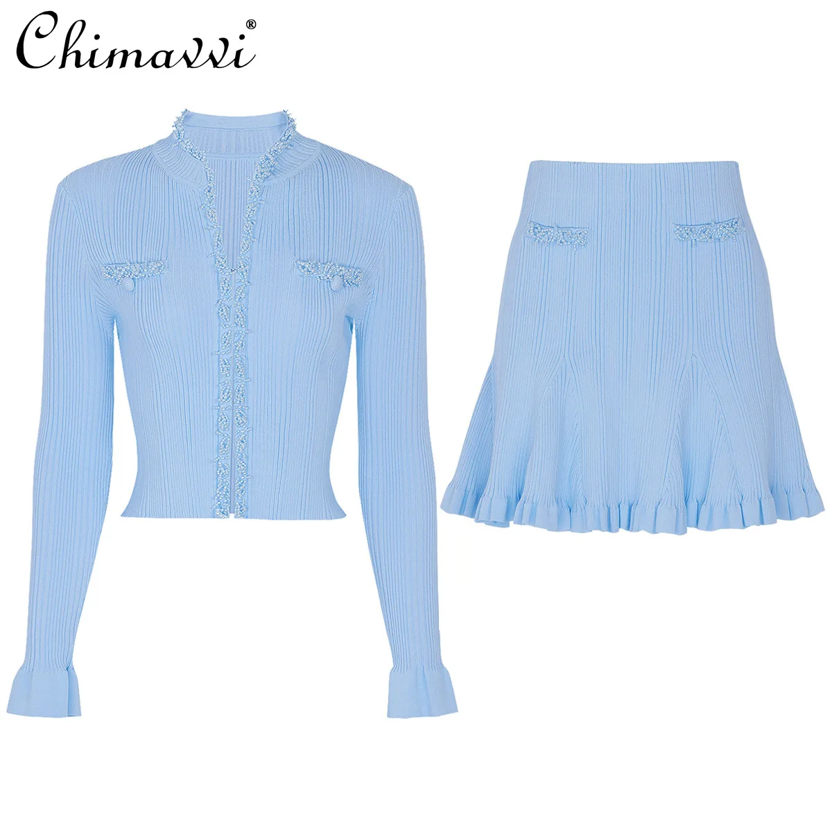 

2025 Autumn Clothes New Heavy Fashion Beaded Long Sleeve Knitted Women's Top Jacket + Skirt Set Elegant Ladies Two-Piece Set