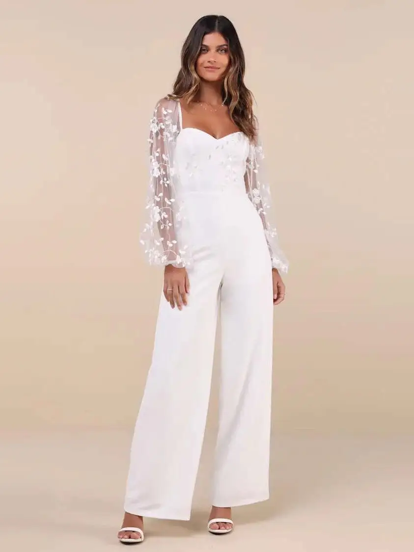 

Ele Long Sve Embroidered Me Pantsuit High Waist Wide Leg Street Sle Fem Faionable Taller Aosphere