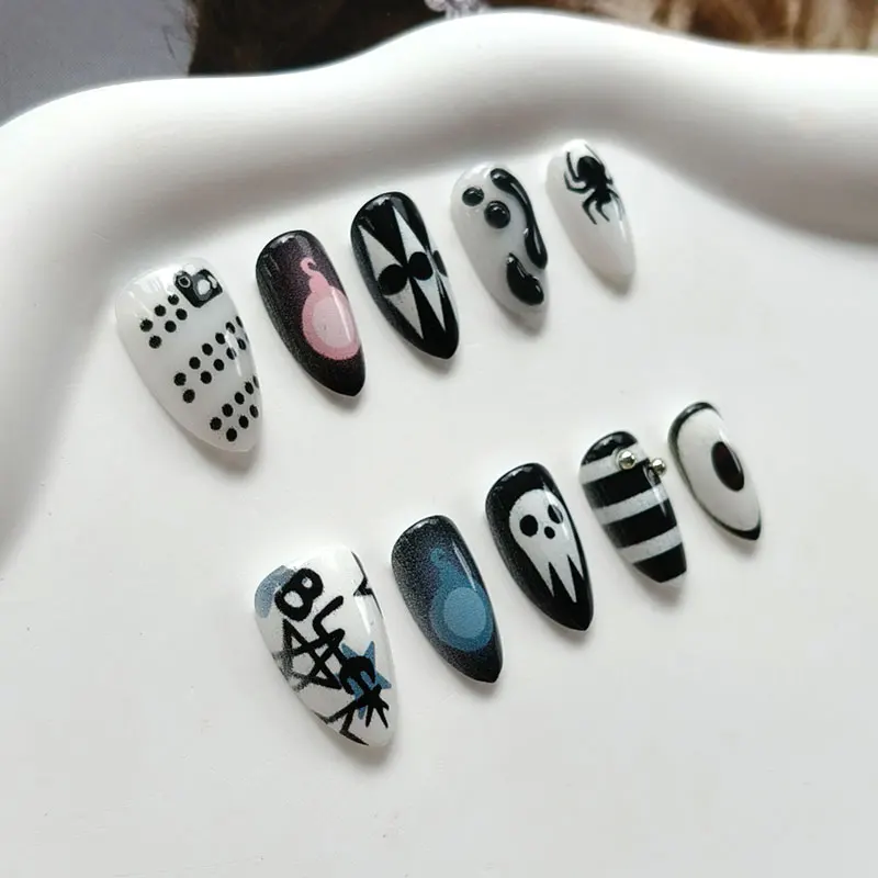 10 Stück 3D Geister-Kürbis Katzenaugen-Kunstnägel mit rauer Textur, Halloween-Nägel, europäische & amerikanische Nagelaufkleber, künstliche Nägel – Detail 19
