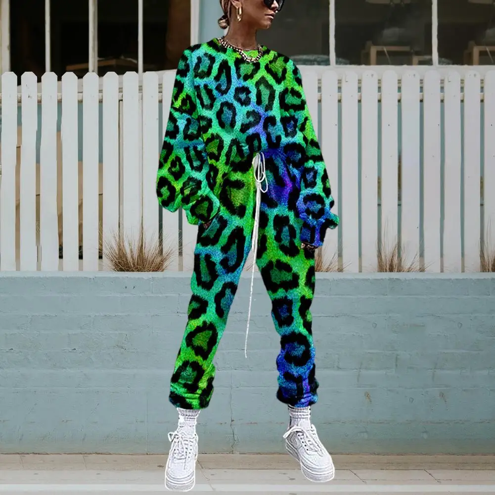 2Pcs/Set Stylish Women Tracksuit Washable Women Top Pants Leopard Relaxed Fit 3D Digital Print Outfit Tracksuit Streetwear