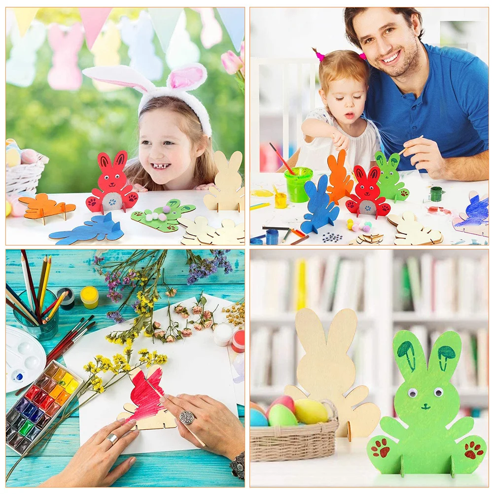 

10Pcs DIY Crafts Unfinished Easter Table Decor Easter Bunny Decoration Wood Blocks for Painting Art