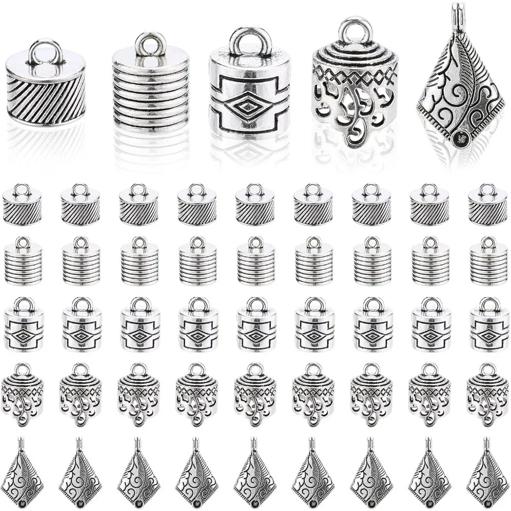 50pcs Tibetan Style Cord Ends 5 Styles 9~15mm Inner Diameter Large Size Glue-in Cord Terminators Barrel End Tip Silver Cord