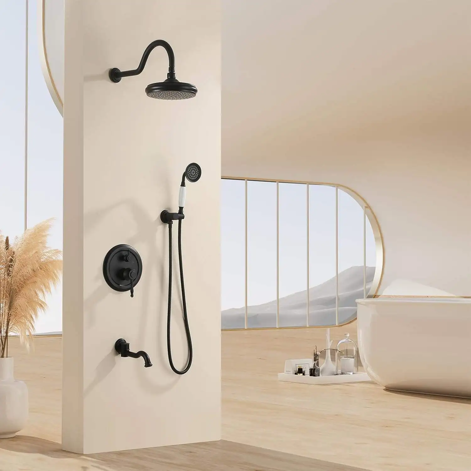 Wall Mounted 3-Function Faucet Set Dual Handle Shower Head Ceramic Valve Shower Systems Handheld Sprayer Bathroom