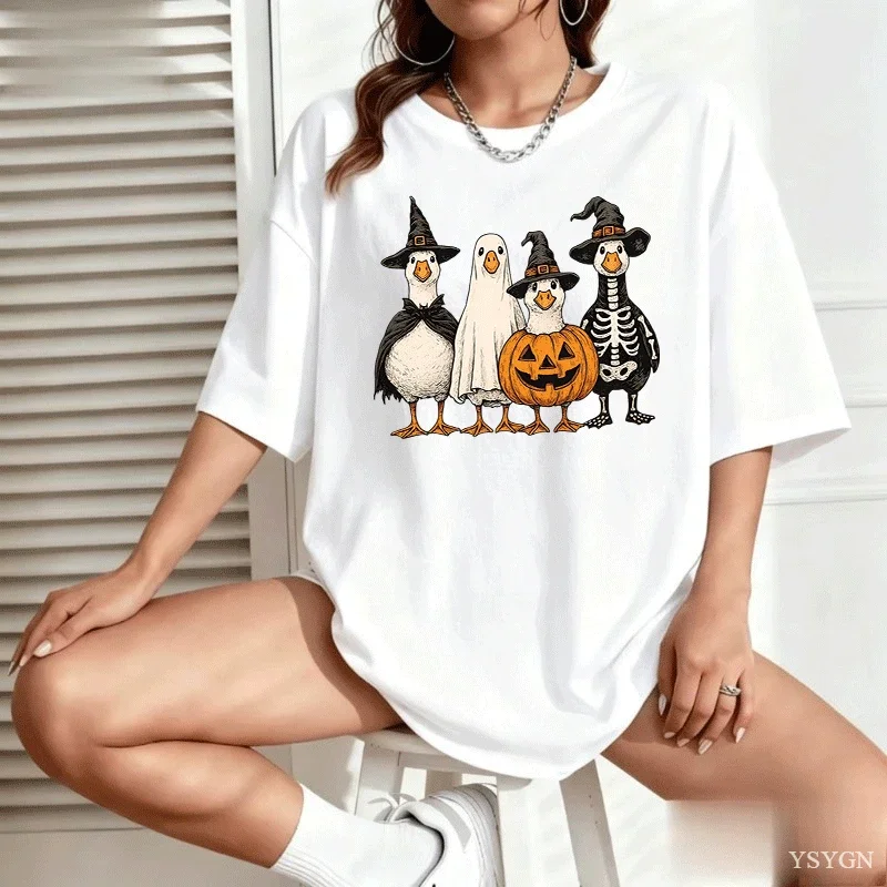 Women Crew Neck Tee Cute Halloween Ducks Witch Ghost Pumpkin Graphic Print Short Sleeve Loose Ladies Cotton Plus Size Casual Top
