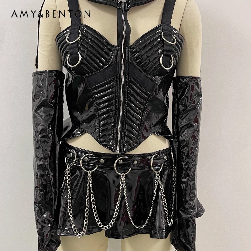 

European American Sweet Cool Black Leather Chain Buckle Halter Hollow Out Women's Top Gothic Dark Sexy Mini Skirt Set Ladies
