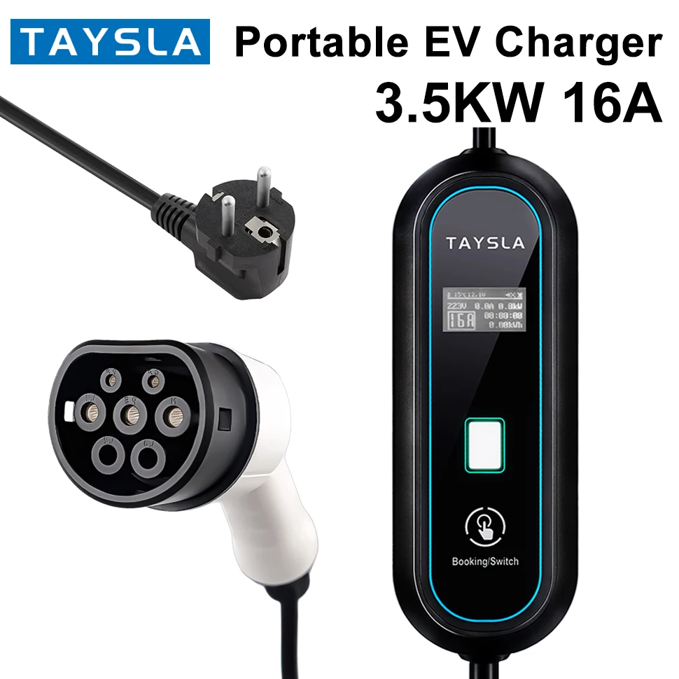 TAYSLA Electric Car Charger 3.5kW 16A Type 2 Portable EV Charger TYPE 1 80V-260V EU Plug Charging Cable for Electric Vehicles