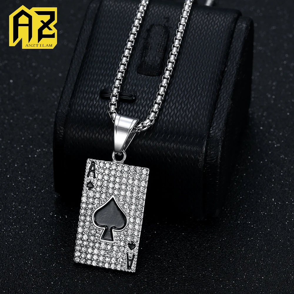

Anztilam Iced Spades Ace No Fade Подвеска Iced Out из нержавеющей стали 316L с длинной цепочкой Ожерелья для мужчин Ювелирные изделия в стиле хип-хоп