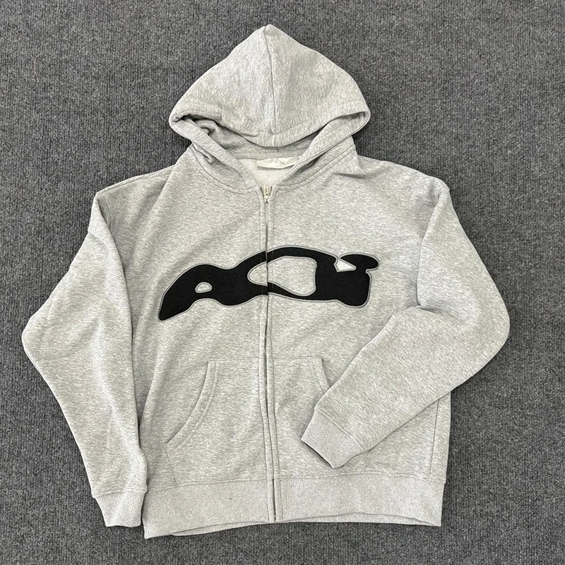 Men Women Hoodie Ida sply Cotton Chest Towel Embroidery Label Zipper Sweatshirts Harajuku Casual Gray Loose Y2k Pullovers #2