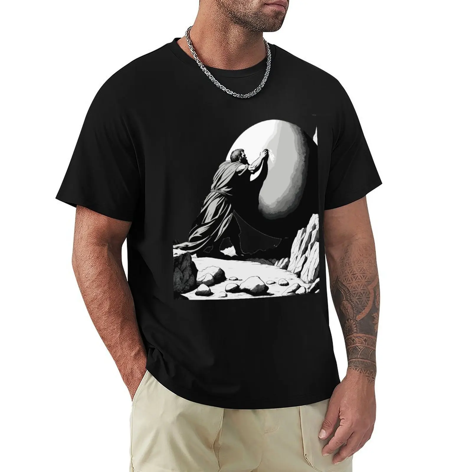 

man pushes stone on the mountain T-Shirt new edition quick-drying Louboutins funny t shirts for men