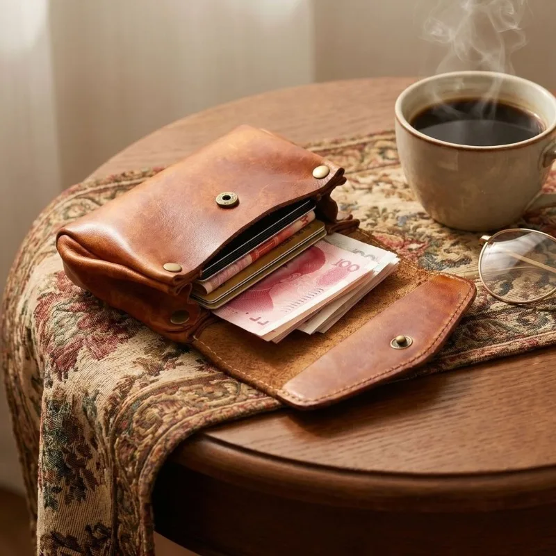 Vegetable Tanned Leather Coin Purse, Vintage Envelope Flap Snap Closure Wallet, Organizer for Coins, Credit Cards & Folded Bills