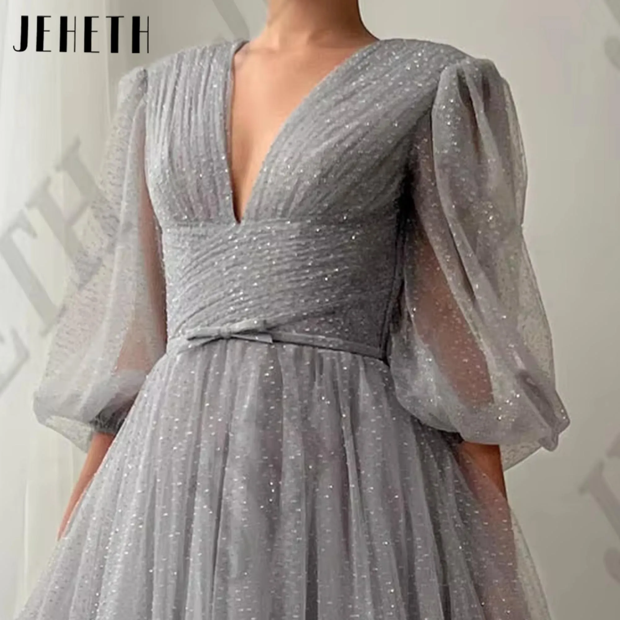 JEHETH Glitter Tulle Long Prom Dresses Puff Sleeve V-Neck Evening Gowns Women Formal Party Event Birthday Dress Customized 4